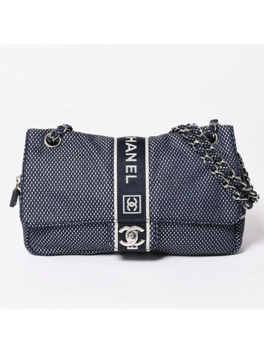 Chanel Sports Line Mesh Chain Shoulder Bag Fabric CC Logo CC Turnlock Navy
